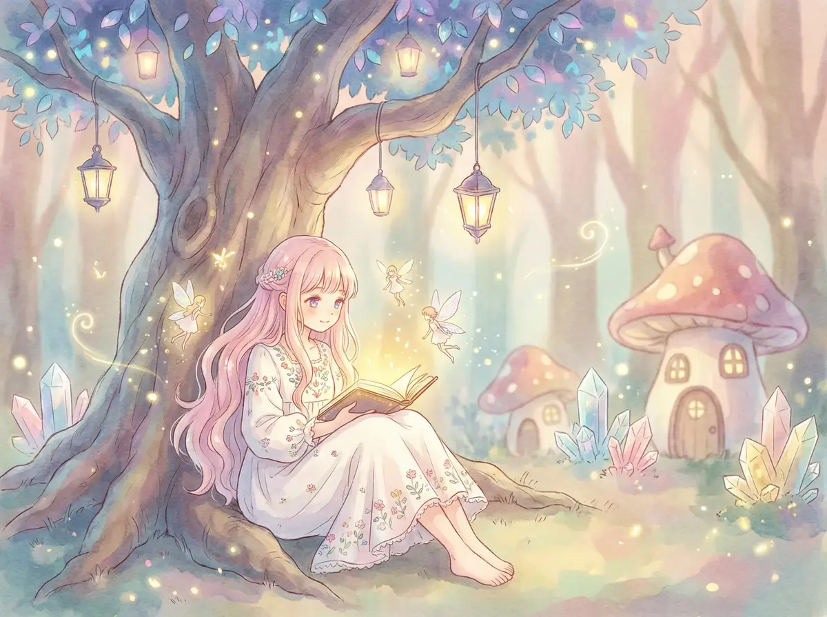 江南百景图同乡会馆 - 魔法森林中阅读故事书的粉发少女与精灵